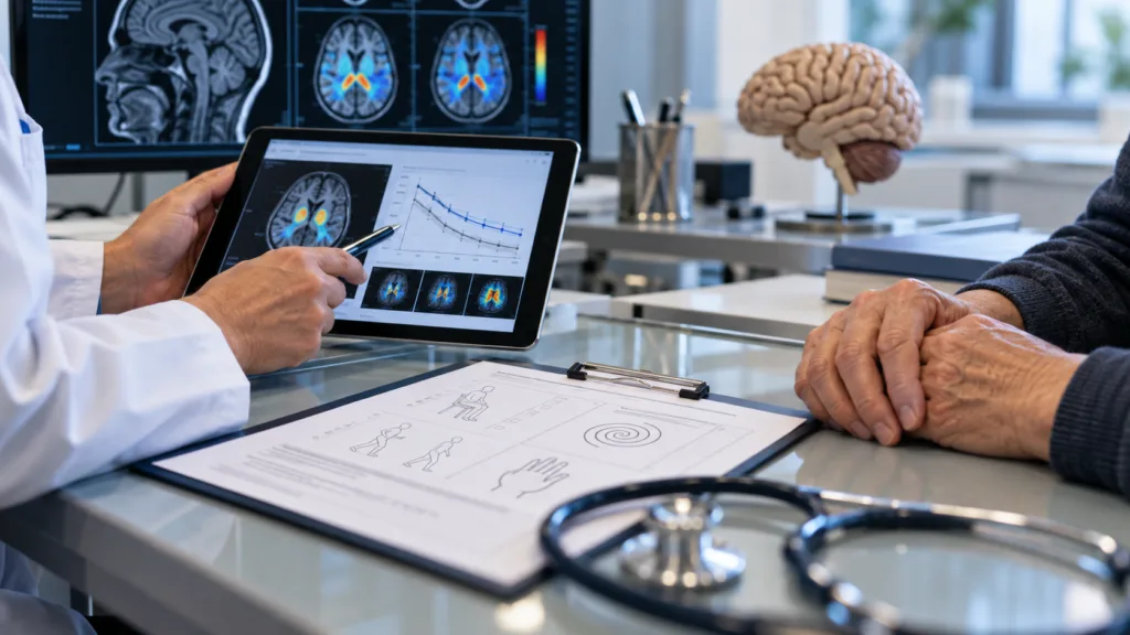 Representative image: Neurology consultation and brain imaging illustrate Cerevance’s positive Phase 3 solengepras results in Parkinson’s disease ahead of FDA discussions.