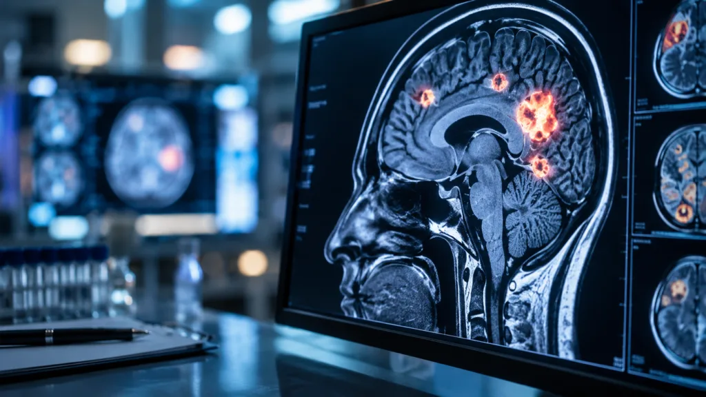 Representative image illustrating brain cancer research and targeted radiotherapy as Cerenome prepares to unveil new REYOBIQ clinical trial data evaluating multidose treatment for leptomeningeal metastases, a challenging complication of advanced cancer.