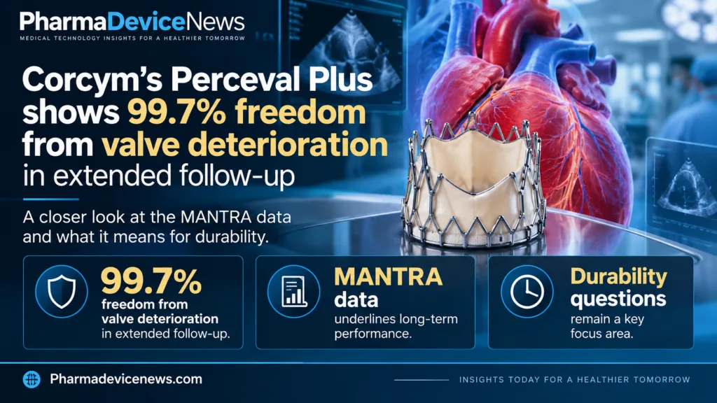 Editorial infographic illustrating Corcym’s Perceval Plus aortic heart valve, featuring an anatomical heart, prosthetic valve and clinical imaging, with MANTRA study highlights showing 99.7% freedom from valve deterioration in extended follow-up and remaining durability questions.