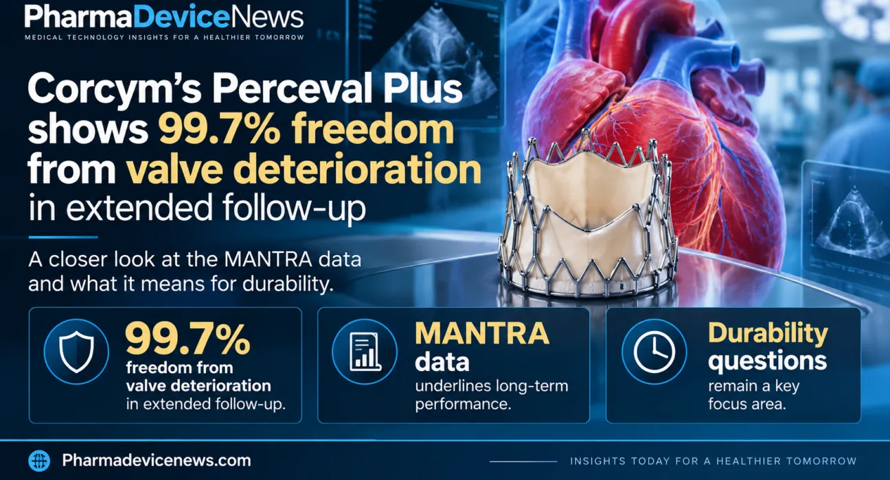 Editorial infographic illustrating Corcym’s Perceval Plus aortic heart valve, featuring an anatomical heart, prosthetic valve and clinical imaging, with MANTRA study highlights showing 99.7% freedom from valve deterioration in extended follow-up and remaining durability questions.