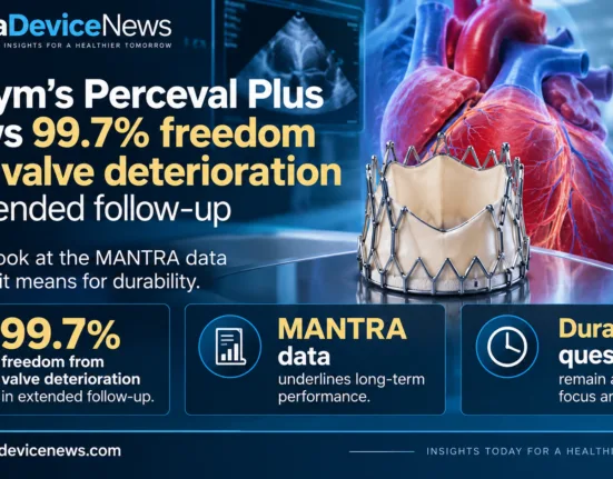 Editorial infographic illustrating Corcym’s Perceval Plus aortic heart valve, featuring an anatomical heart, prosthetic valve and clinical imaging, with MANTRA study highlights showing 99.7% freedom from valve deterioration in extended follow-up and remaining durability questions.