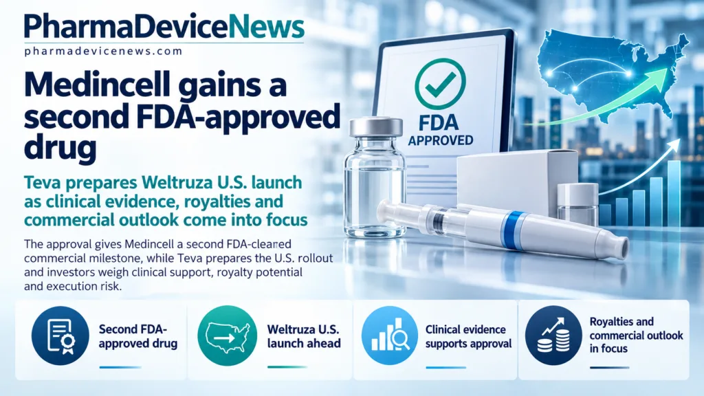 Editorial infographic highlighting Medincell’s second FDA-approved drug, Weltruza, featuring an injectable medicine, FDA approval symbol, U.S. launch map and graphics illustrating clinical evidence, royalty potential and commercial outlook.