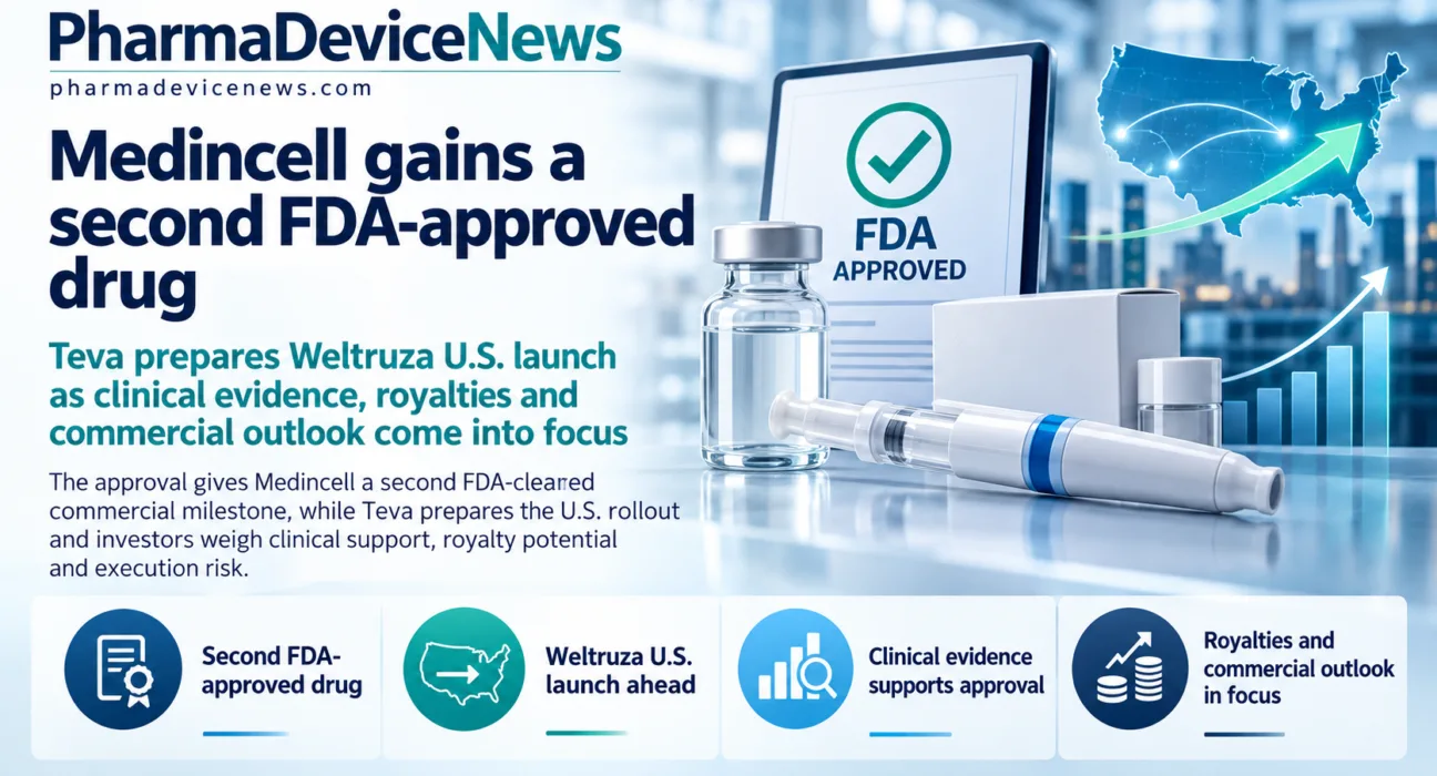 Editorial infographic highlighting Medincell’s second FDA-approved drug, Weltruza, featuring an injectable medicine, FDA approval symbol, U.S. launch map and graphics illustrating clinical evidence, royalty potential and commercial outlook.