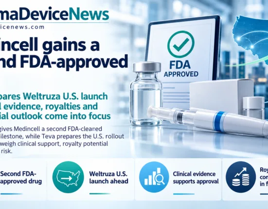 Editorial infographic highlighting Medincell’s second FDA-approved drug, Weltruza, featuring an injectable medicine, FDA approval symbol, U.S. launch map and graphics illustrating clinical evidence, royalty potential and commercial outlook.