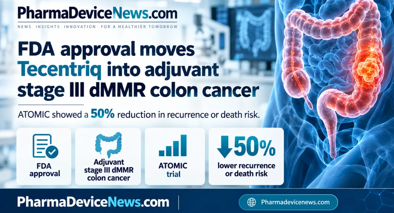 Infographic showing FDA approval of Tecentriq for adjuvant stage III dMMR colon cancer, highlighting the ATOMIC trial and a 50% reduction in recurrence or death risk.