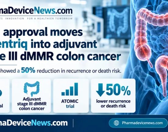 Infographic showing FDA approval of Tecentriq for adjuvant stage III dMMR colon cancer, highlighting the ATOMIC trial and a 50% reduction in recurrence or death risk.