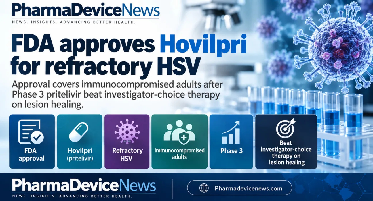 Infographic showing FDA approval of Hovilpri for refractory HSV in immunocompromised adults, highlighting pritelivir’s Phase 3 win over investigator-choice therapy on lesion healing.