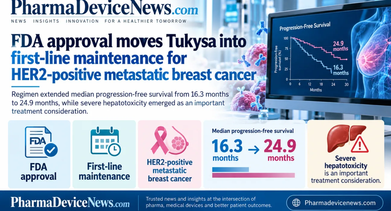 Infographic showing FDA approval of Tukysa for first-line maintenance in HER2-positive metastatic breast cancer, including progression-free survival improving from 16.3 to 24.9 months and a note on severe hepatotoxicity risk.