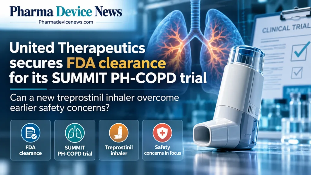 Editorial infographic showing United Therapeutics’ FDA clearance for the SUMMIT PH-COPD trial, featuring a treprostinil inhaler, illustrated lungs, clinical trial imagery, and key safety considerations.