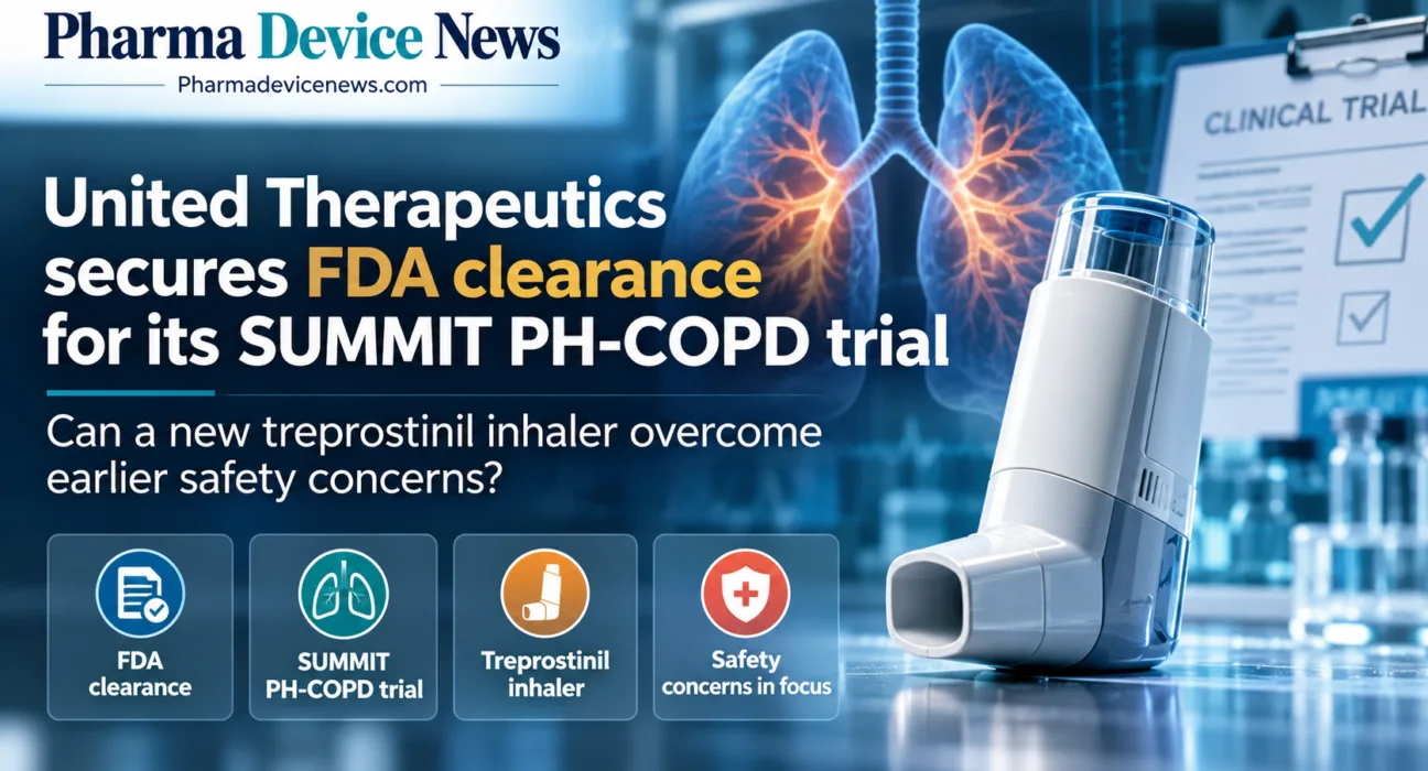 Editorial infographic showing United Therapeutics’ FDA clearance for the SUMMIT PH-COPD trial, featuring a treprostinil inhaler, illustrated lungs, clinical trial imagery, and key safety considerations.