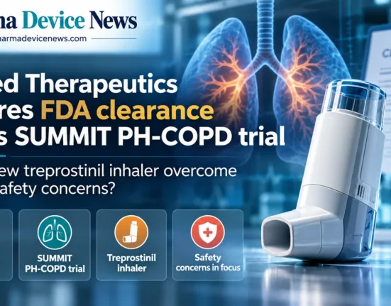 Editorial infographic showing United Therapeutics’ FDA clearance for the SUMMIT PH-COPD trial, featuring a treprostinil inhaler, illustrated lungs, clinical trial imagery, and key safety considerations.