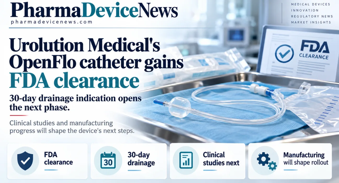 Editorial infographic showing Urolution Medical’s OpenFlo catheter with medical tubing and sterile equipment, highlighting FDA clearance for 30-day drainage, upcoming clinical studies and manufacturing considerations.