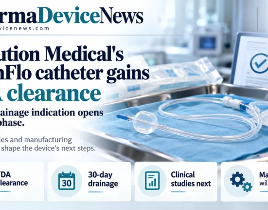 Editorial infographic showing Urolution Medical’s OpenFlo catheter with medical tubing and sterile equipment, highlighting FDA clearance for 30-day drainage, upcoming clinical studies and manufacturing considerations.