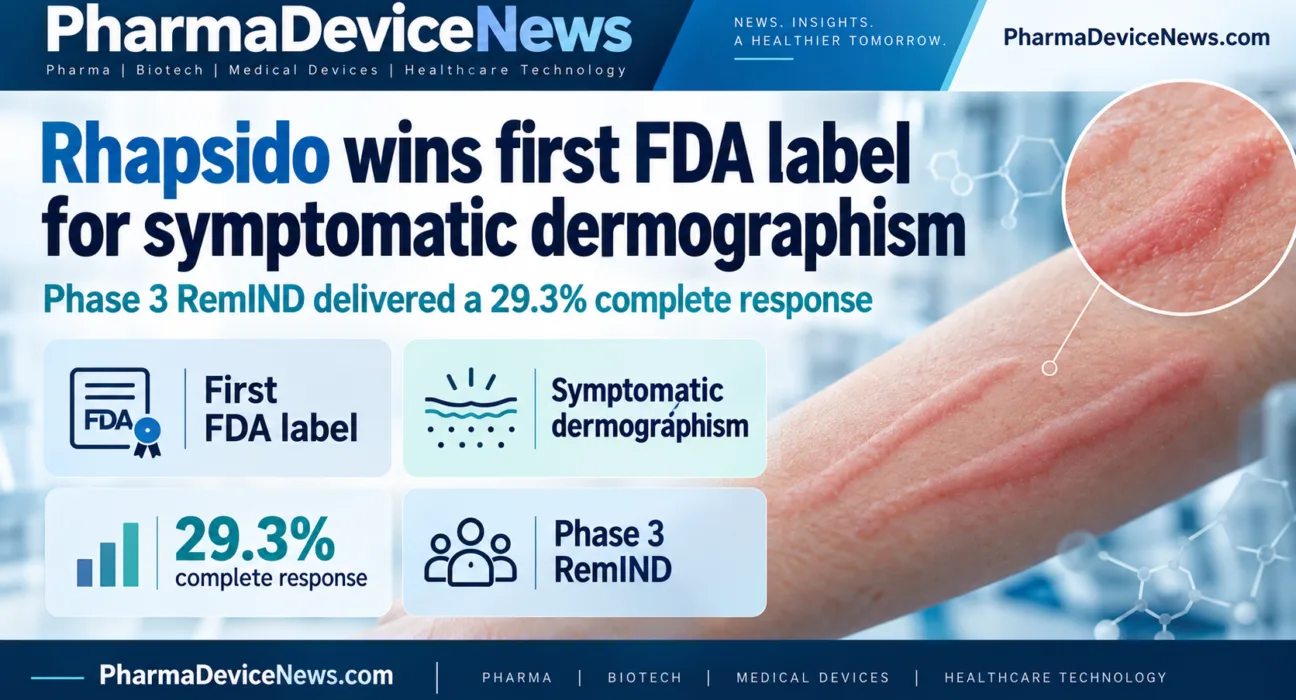 Infographic showing FDA approval of Rhapsido for symptomatic dermographism, highlighting the first label for the condition and a 29.3% complete response in the Phase 3 RemIND study.