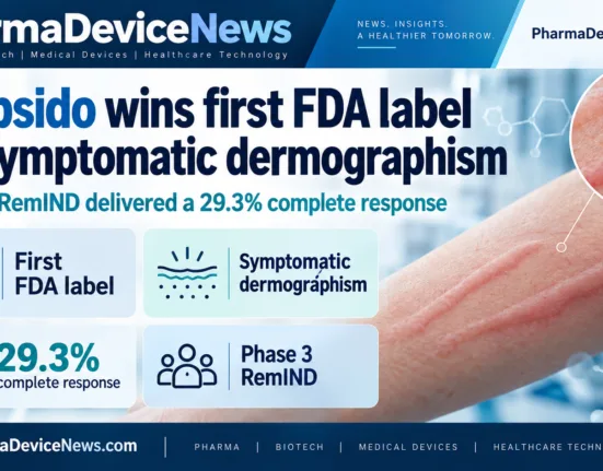 Infographic showing FDA approval of Rhapsido for symptomatic dermographism, highlighting the first label for the condition and a 29.3% complete response in the Phase 3 RemIND study.