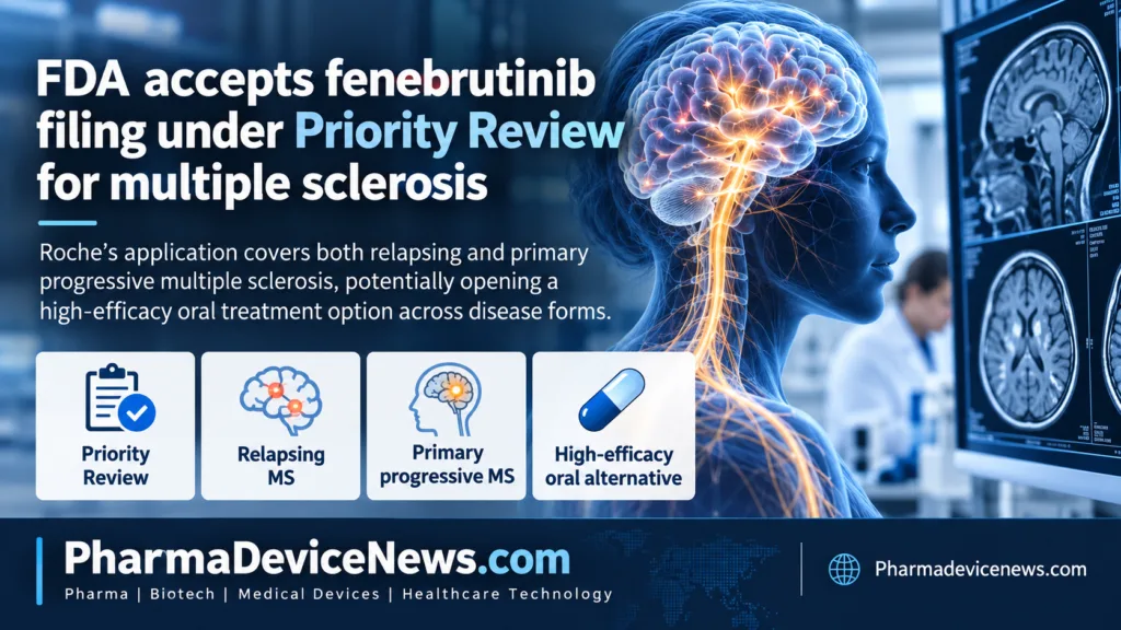 Infographic showing FDA Priority Review acceptance for Roche’s fenebrutinib filing in relapsing and primary progressive multiple sclerosis, highlighting its potential as a high-efficacy oral treatment.