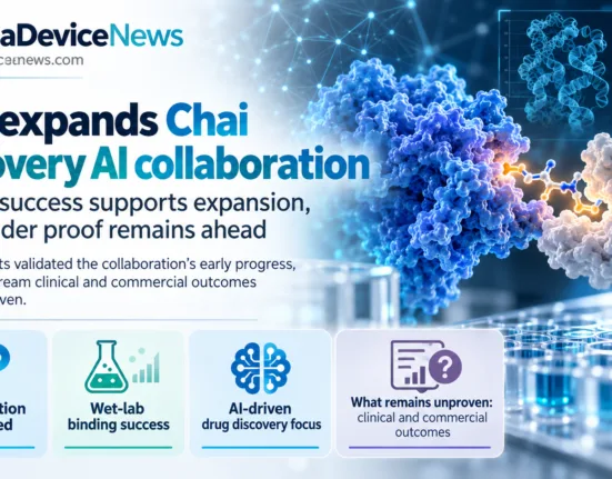 Editorial infographic illustrating GSK’s expanded AI drug discovery collaboration with Chai Discovery, featuring molecular protein-binding visuals, wet-lab testing, and key highlights on early binding success and unproven clinical and commercial outcomes.