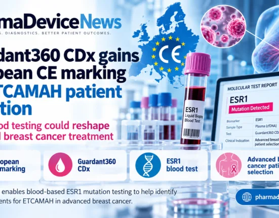 Editorial infographic highlighting Guardant360 CDx’s European CE marking for ETCAMAH patient selection, featuring a blood sample tube, ESR1 mutation test results, breast cancer imagery and a European map illustrating the role of liquid biopsy in advanced breast cancer treatment.