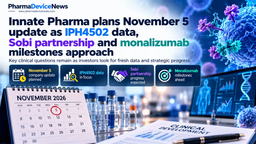 Editorial infographic highlighting Innate Pharma’s November 5, 2026 update, featuring a clinical research laboratory, immunotherapy imagery, a calendar, and key developments involving IPH4502, the Sobi partnership and monalizumab.