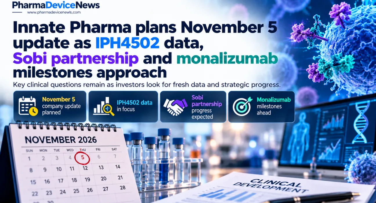 Editorial infographic highlighting Innate Pharma’s November 5, 2026 update, featuring a clinical research laboratory, immunotherapy imagery, a calendar, and key developments involving IPH4502, the Sobi partnership and monalizumab.
