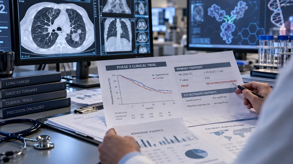 Representative image: Lung cancer trial analysis illustrates ArriVent BioPharma’s Phase 3 firmonertinib miss in first-line EGFR exon 20 insertion NSCLC.