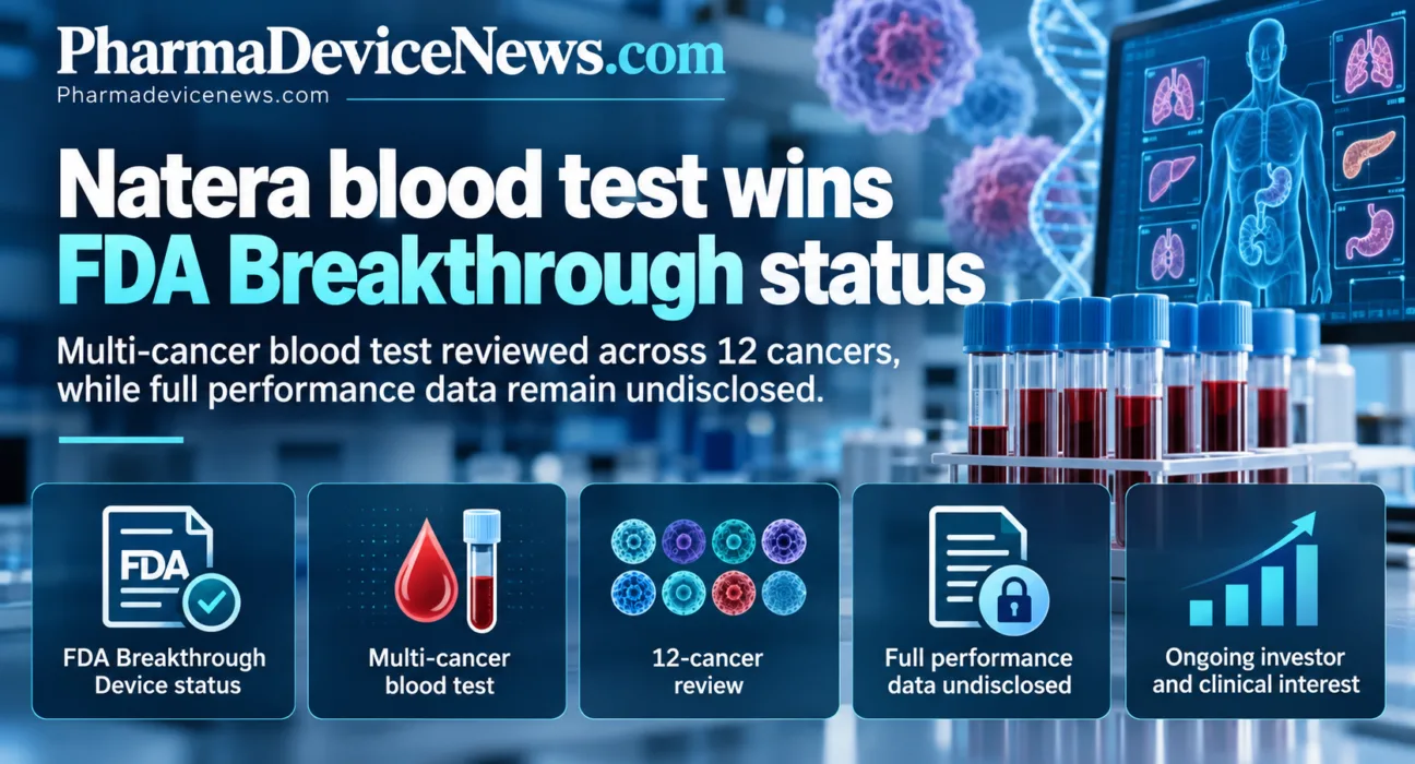 Infographic showing Natera’s multi-cancer blood test receiving FDA Breakthrough Device status after review across 12 cancers, while full performance data remain undisclosed.