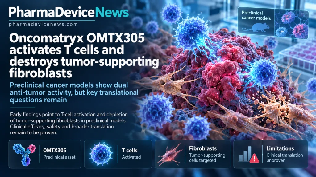 Editorial infographic showing Oncomatryx’s OMTX305 in a tumor microenvironment, with immune T cells attacking cancer tissue and tumor-supporting fibroblasts, highlighting preclinical anti-tumor activity and unresolved clinical translation questions.