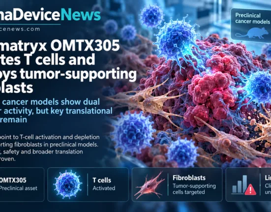 Editorial infographic showing Oncomatryx’s OMTX305 in a tumor microenvironment, with immune T cells attacking cancer tissue and tumor-supporting fibroblasts, highlighting preclinical anti-tumor activity and unresolved clinical translation questions.