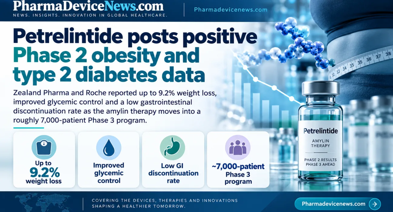 Infographic summarizing positive Phase 2 petrelintide results in obesity and type 2 diabetes, highlighting up to 9.2% weight loss, improved glycemic control, low gastrointestinal discontinuation, and a roughly 7,000-patient Phase 3 program.