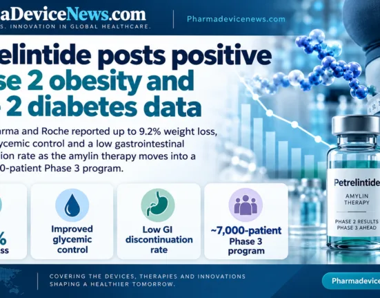 Infographic summarizing positive Phase 2 petrelintide results in obesity and type 2 diabetes, highlighting up to 9.2% weight loss, improved glycemic control, low gastrointestinal discontinuation, and a roughly 7,000-patient Phase 3 program.