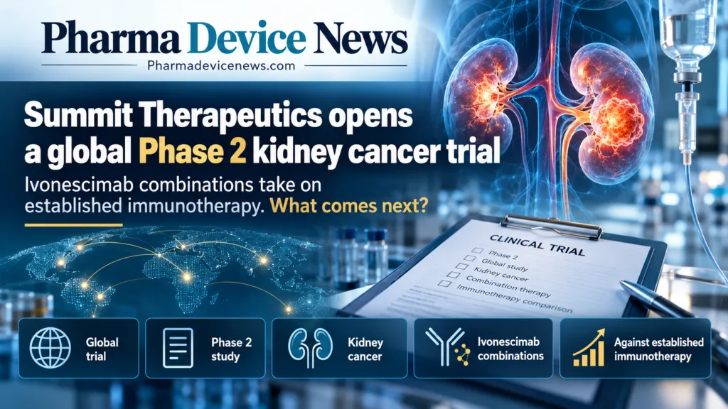 Editorial infographic illustrating Summit Therapeutics’ global Phase 2 kidney cancer trial, featuring anatomical kidney imagery, a clinical trial document, a world map, and highlights of ivonescimab combination therapies compared with established immunotherapy.