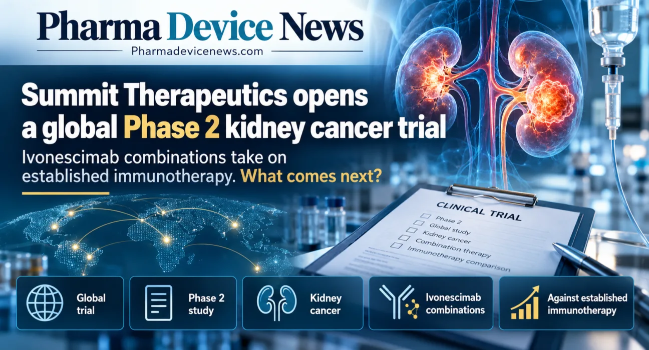 Editorial infographic illustrating Summit Therapeutics’ global Phase 2 kidney cancer trial, featuring anatomical kidney imagery, a clinical trial document, a world map, and highlights of ivonescimab combination therapies compared with established immunotherapy.