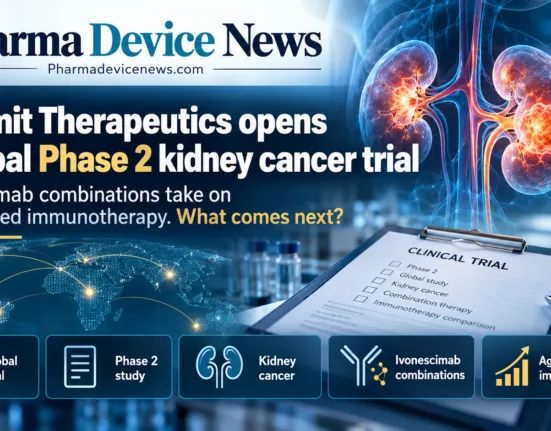 Editorial infographic illustrating Summit Therapeutics’ global Phase 2 kidney cancer trial, featuring anatomical kidney imagery, a clinical trial document, a world map, and highlights of ivonescimab combination therapies compared with established immunotherapy.