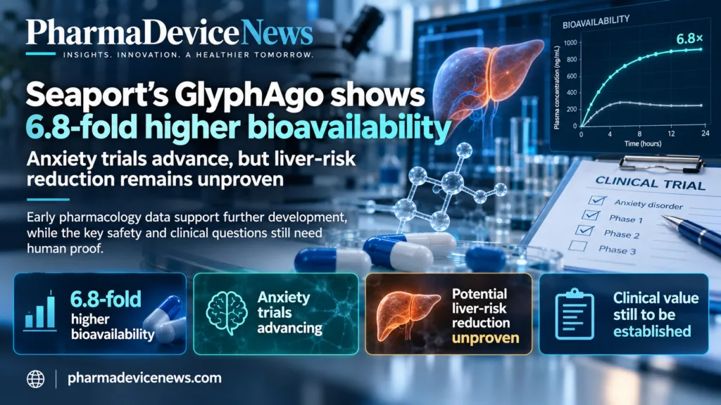 Editorial infographic highlighting Seaport Therapeutics’ GlyphAgo, with laboratory imagery, capsule medication, a liver graphic and a bioavailability chart, showing 6.8-fold higher bioavailability, advancing anxiety trials and the still-unproven potential to reduce liver risks.