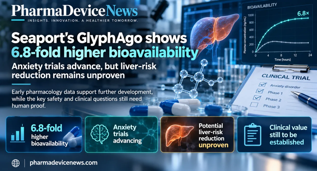 Editorial infographic highlighting Seaport Therapeutics’ GlyphAgo, with laboratory imagery, capsule medication, a liver graphic and a bioavailability chart, showing 6.8-fold higher bioavailability, advancing anxiety trials and the still-unproven potential to reduce liver risks.