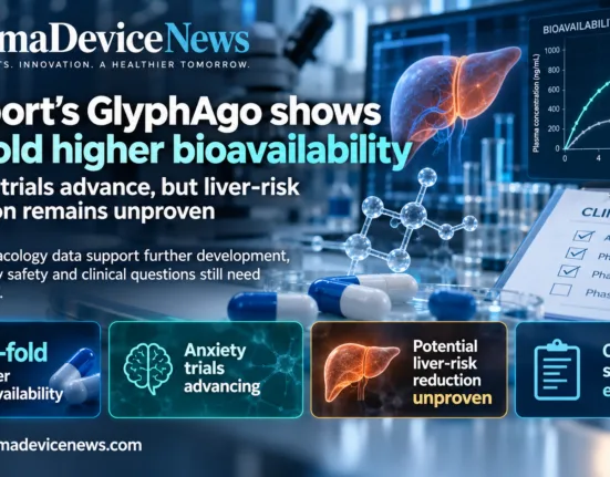 Editorial infographic highlighting Seaport Therapeutics’ GlyphAgo, with laboratory imagery, capsule medication, a liver graphic and a bioavailability chart, showing 6.8-fold higher bioavailability, advancing anxiety trials and the still-unproven potential to reduce liver risks.