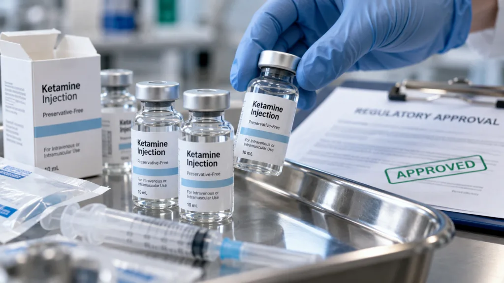 Representative image illustrating preservative-free ketamine injection as NRx Pharmaceuticals secures FDA approval, marking a key milestone in addressing US drug shortages and expanding domestic pharmaceutical manufacturing.