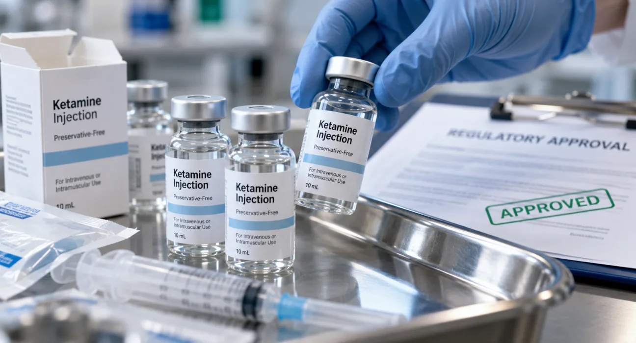 Representative image illustrating preservative-free ketamine injection as NRx Pharmaceuticals secures FDA approval, marking a key milestone in addressing US drug shortages and expanding domestic pharmaceutical manufacturing.