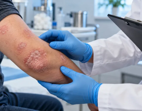 Representative image of plaque psoriasis treatment as Oruka Therapeutics’ ORKA-001 achieves 61% complete skin clearance in a positive Phase 2b EVERLAST-B clinical trial.