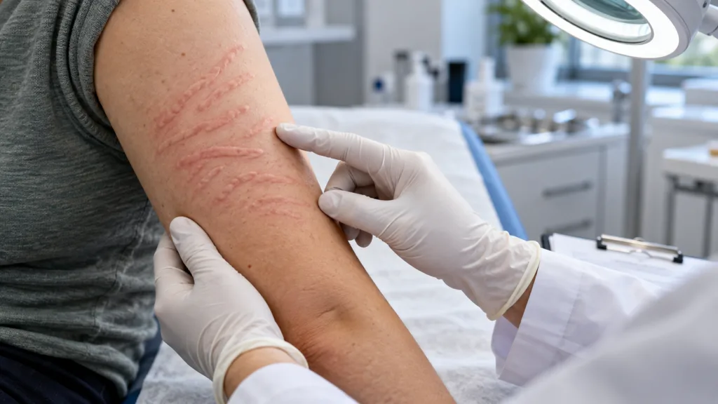 Representative image: Dermatology examination of raised skin welts illustrates Novartis’ FDA approval of Rhapsido for symptomatic dermographism in adults uncontrolled on antihistamines.