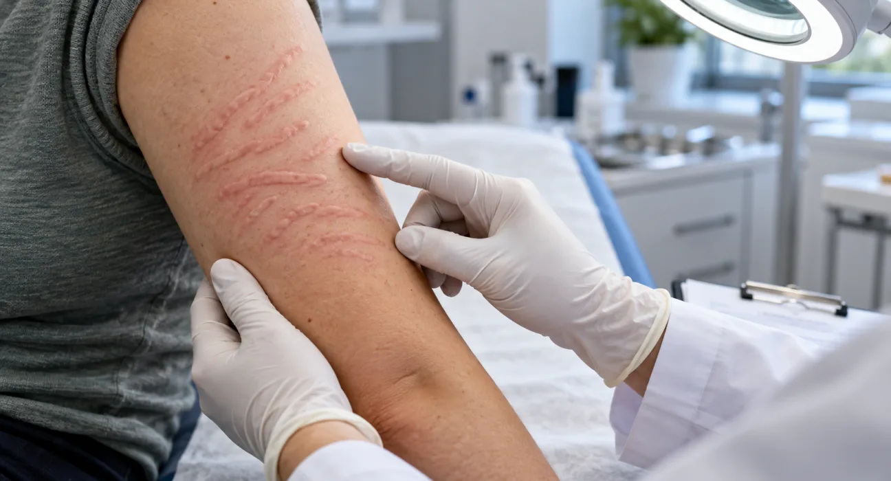 Representative image: Dermatology examination of raised skin welts illustrates Novartis’ FDA approval of Rhapsido for symptomatic dermographism in adults uncontrolled on antihistamines.