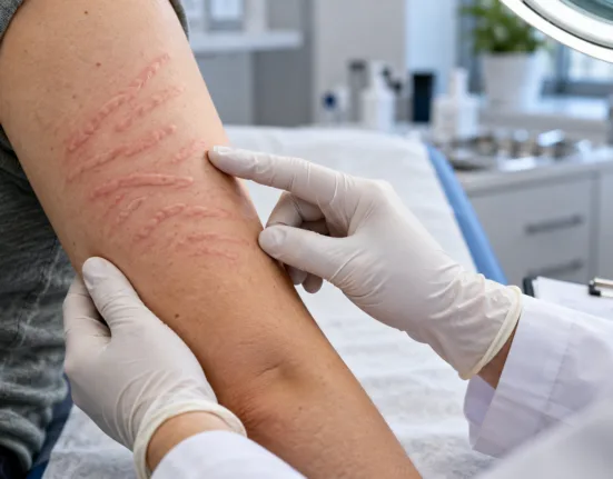 Representative image: Dermatology examination of raised skin welts illustrates Novartis’ FDA approval of Rhapsido for symptomatic dermographism in adults uncontrolled on antihistamines.