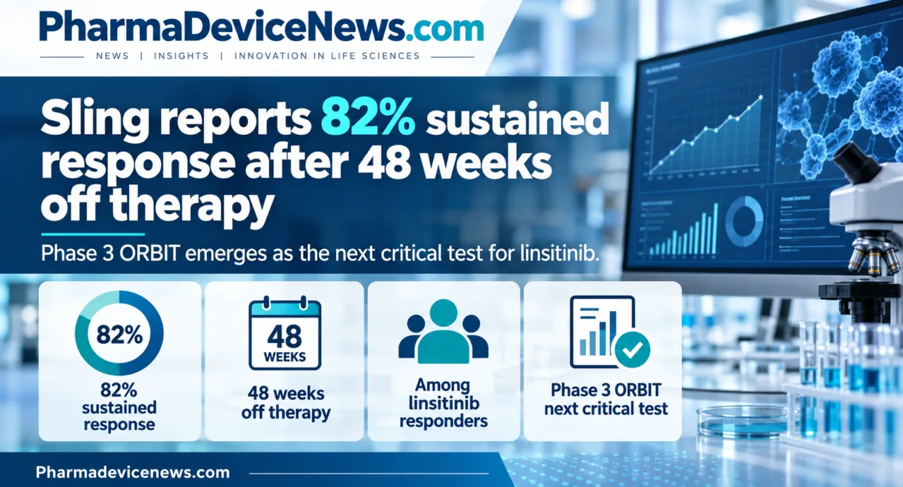 Infographic showing 82% sustained response among linsitinib responders after 48 weeks off therapy and highlighting Phase 3 ORBIT as the next critical test.