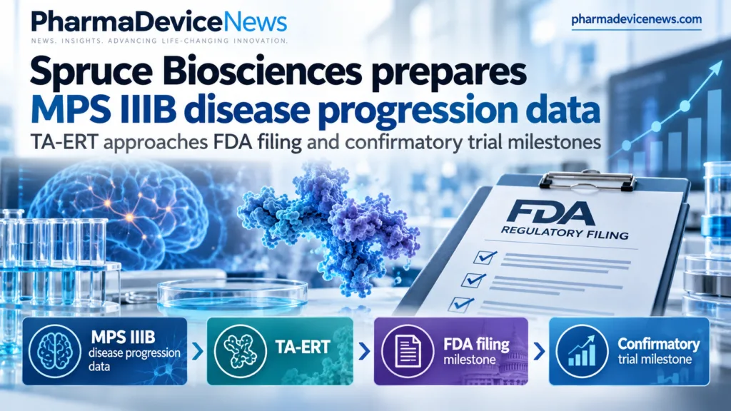 Editorial infographic highlighting Spruce Biosciences’ MPS IIIB disease progression research, featuring neurological imagery, enzyme therapy molecular models and laboratory equipment, with key milestones for TA-ERT development, a planned FDA filing and a confirmatory clinical trial.