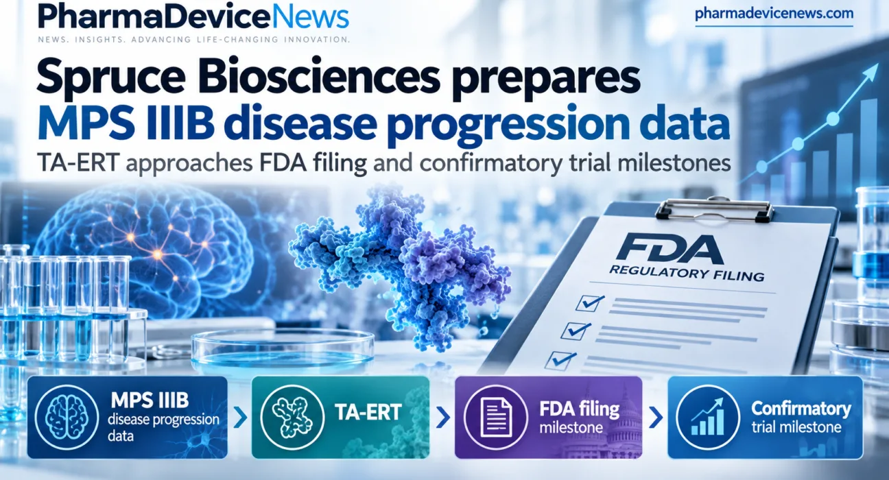 Editorial infographic highlighting Spruce Biosciences’ MPS IIIB disease progression research, featuring neurological imagery, enzyme therapy molecular models and laboratory equipment, with key milestones for TA-ERT development, a planned FDA filing and a confirmatory clinical trial.
