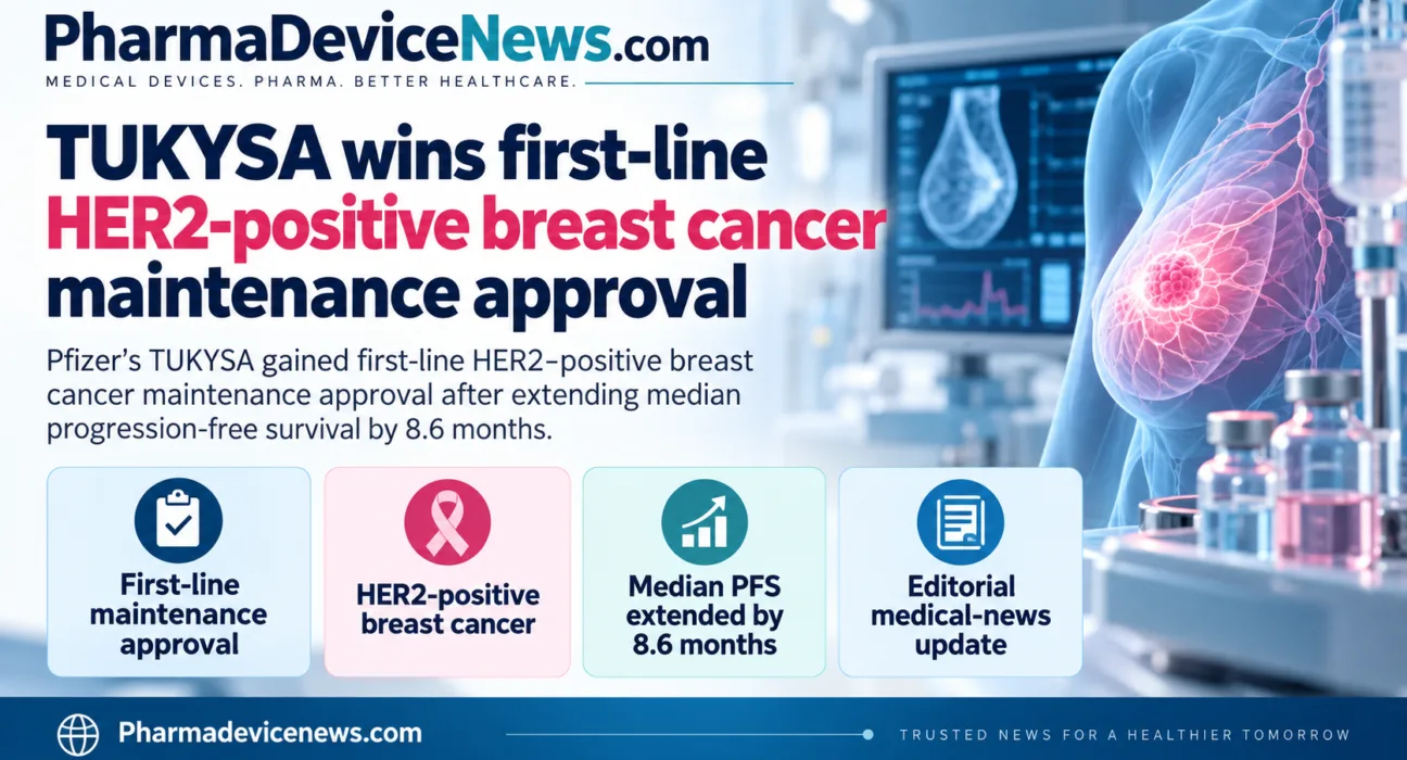 Infographic showing Pfizer’s TUKYSA receiving first-line HER2-positive breast cancer maintenance approval, highlighting an 8.6-month extension in median progression-free survival.