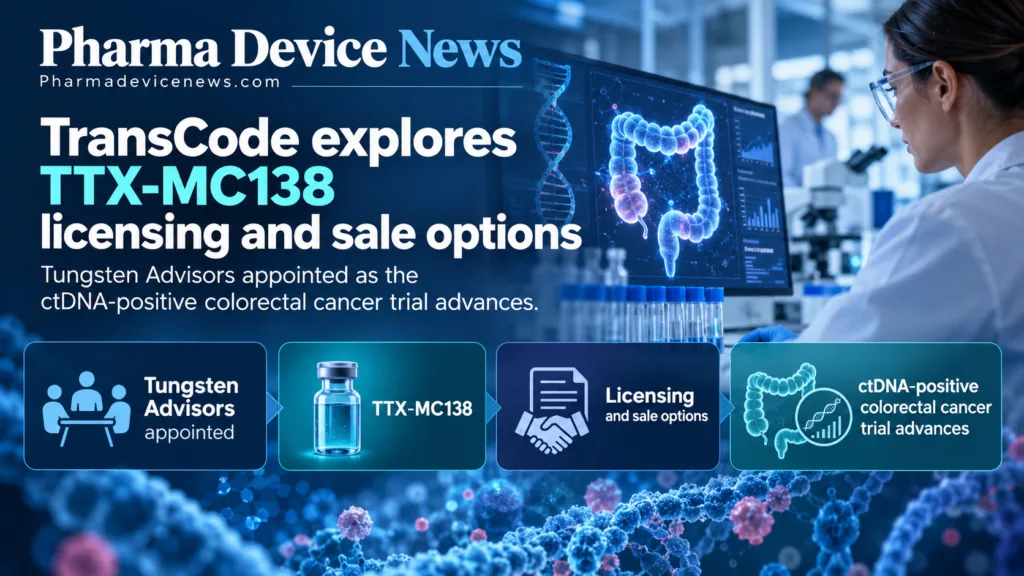 Infographic showing TransCode’s appointment of Tungsten Advisors to explore licensing and sale options for TTX-MC138, highlighting the investigational therapy and its advancing clinical trial in ctDNA-positive colorectal cancer patients.