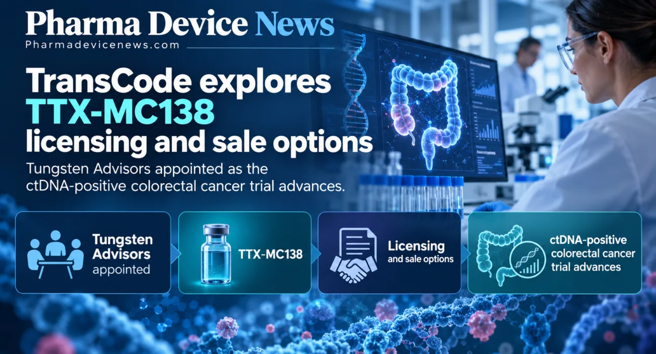 Infographic showing TransCode’s appointment of Tungsten Advisors to explore licensing and sale options for TTX-MC138, highlighting the investigational therapy and its advancing clinical trial in ctDNA-positive colorectal cancer patients.