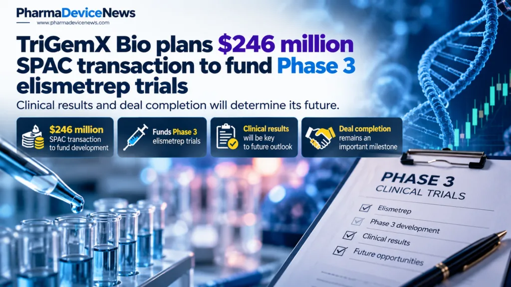Editorial infographic showing TriGemX Bio’s planned $246 million SPAC transaction to support Phase 3 elismetrep trials, featuring laboratory imagery, clinical trial documents, financial charts, and key development milestones.