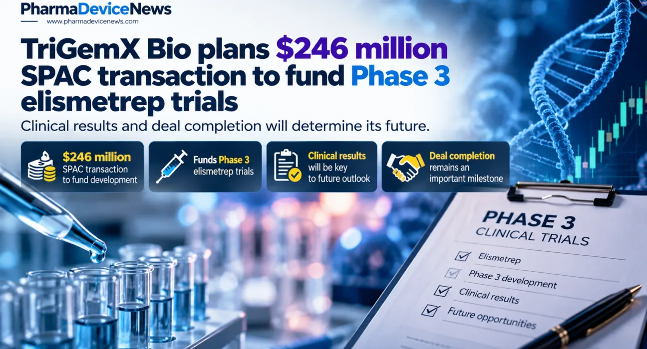 Editorial infographic showing TriGemX Bio’s planned $246 million SPAC transaction to support Phase 3 elismetrep trials, featuring laboratory imagery, clinical trial documents, financial charts, and key development milestones.